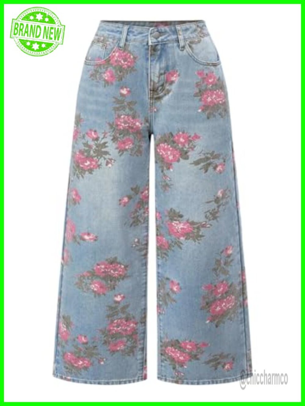 WDIRARA Plus Size Floral Wide Leg Jeans Loose Baggy Denim Pants